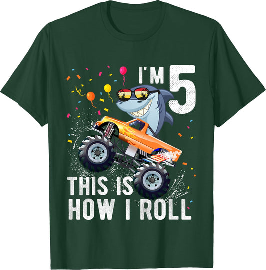 Shark Monster Truck 5th Birthday Boys and Girls T-Shirt - T-Shirt | Forest