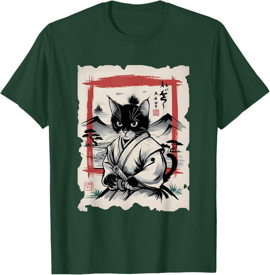 Samurai Cat Sumi-e Graphic - Vintage Warrior Japanese Art Men Women Girls Kids T-Shirt - T-Shirt | Forest