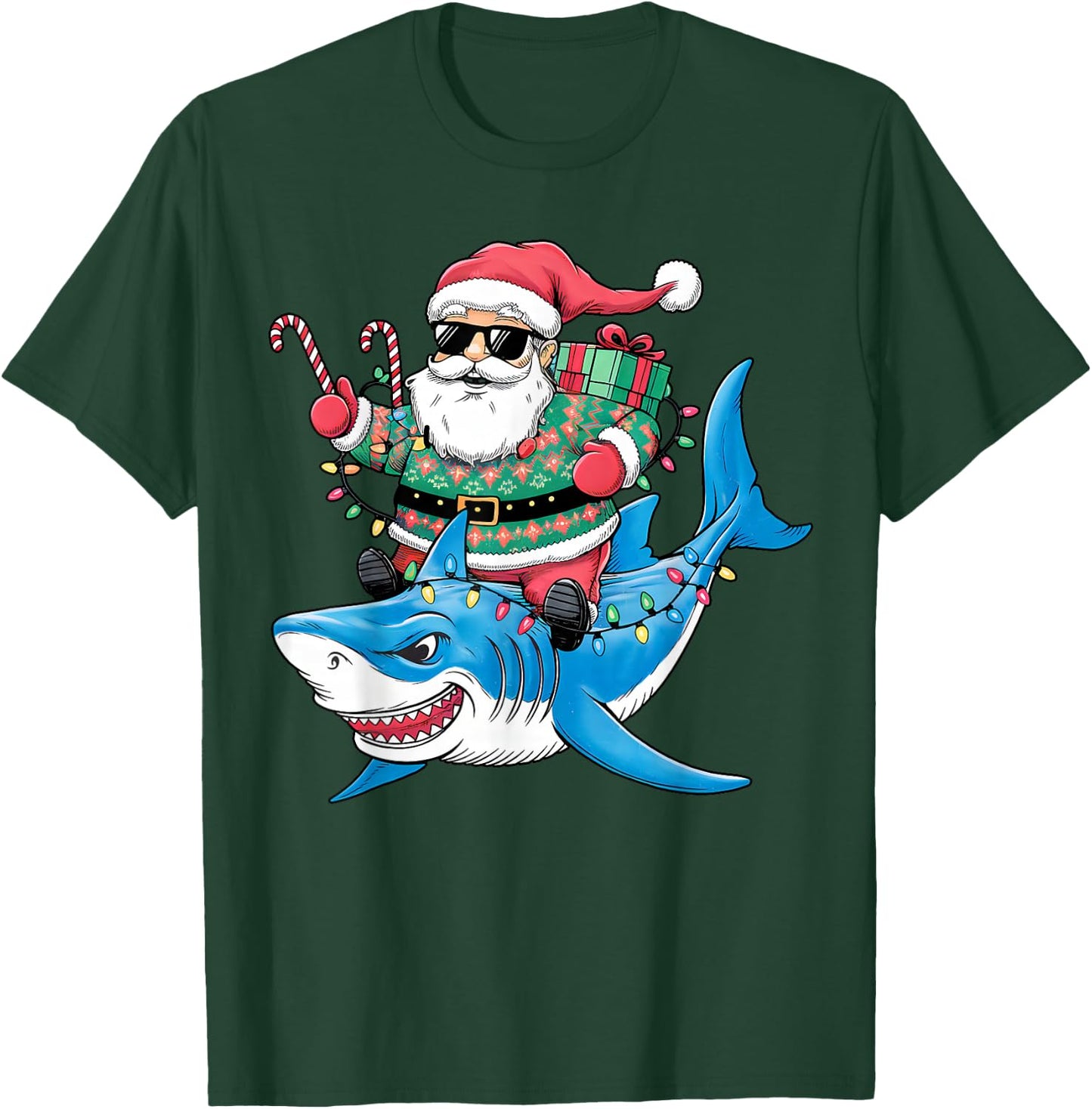 Merry Christmas Santa Claus Riding Shark Funny Christmas T-Shirt - T-Shirt | Forest
