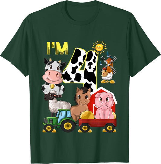Kids Farm Animals Tractor 4th Birthday 4 Year Old Birthday Party T-Shirt - T-Shirt | Forest