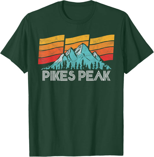 Pikes Peak Colorado Retro Sun, Sky & Mountains 80s Shirt T-Shirt - T-Shirt | Forest