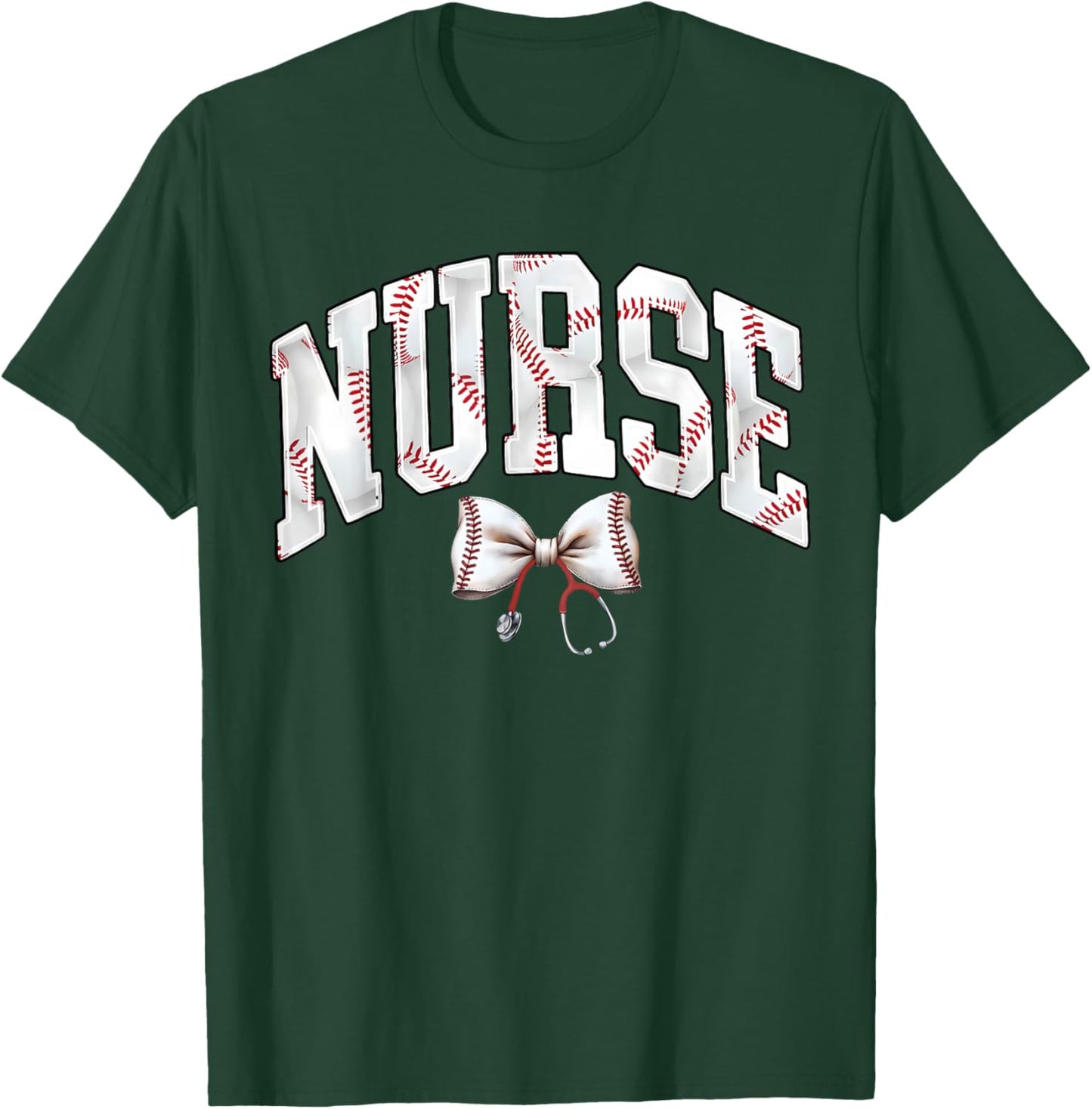Nurse Baseball Stethoscope Coquette Bow RN Nursing Baseball T-Shirt - T-Shirt | Forest