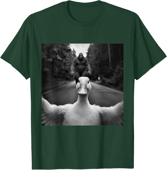 Scared Duck Selfie With Sasquatch Bigfoot, Funny Duck T-Shirt - T-Shirt | Forest