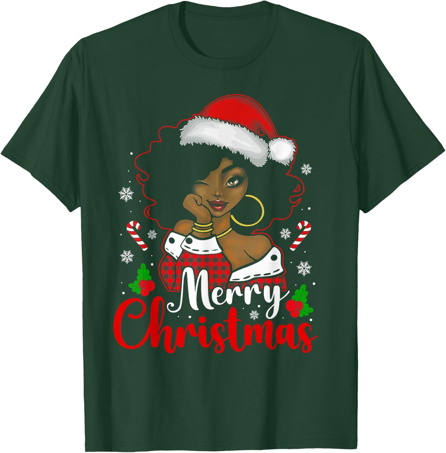 Merry Christmas Black African Girl Santa Hat Xmas Pajamas T-Shirt - T-Shirt | Forest