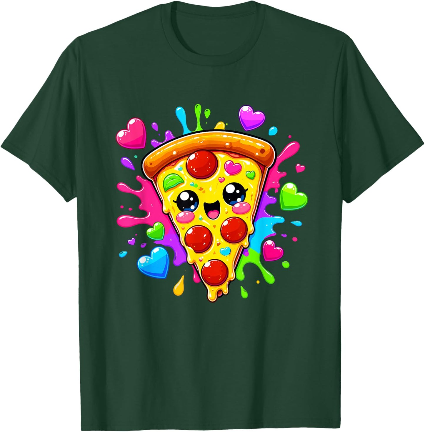 Cute Kawaii Pepperoni Pizza Slice Colorful Hearts T-Shirt - T-Shirt | Forest