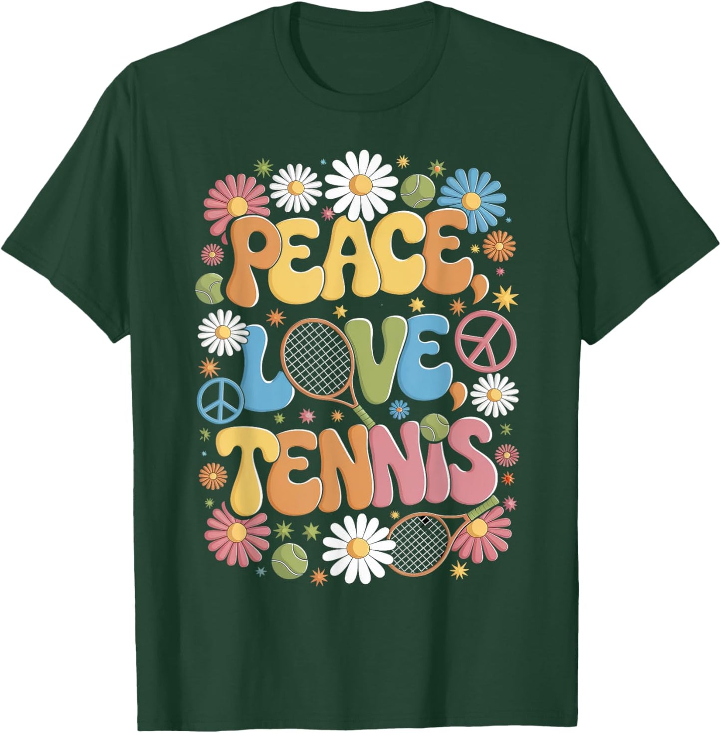 Peace Love Tennis 60s 70s Hippie Retro Tennis player T-Shirt - T-Shirt | Forest