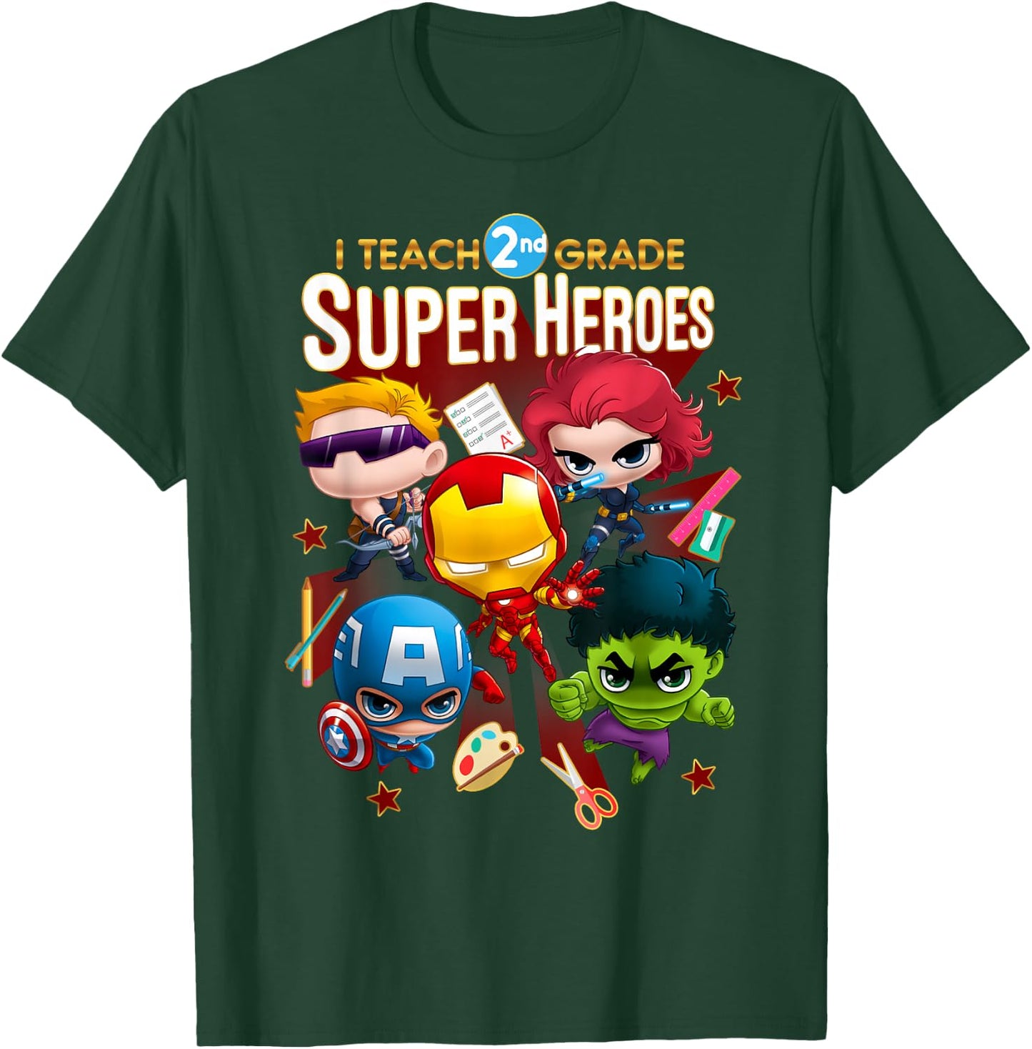 Marvel Group Shot I Teach 2nd Grade Super Heroes T-Shirt - T-Shirt | Forest