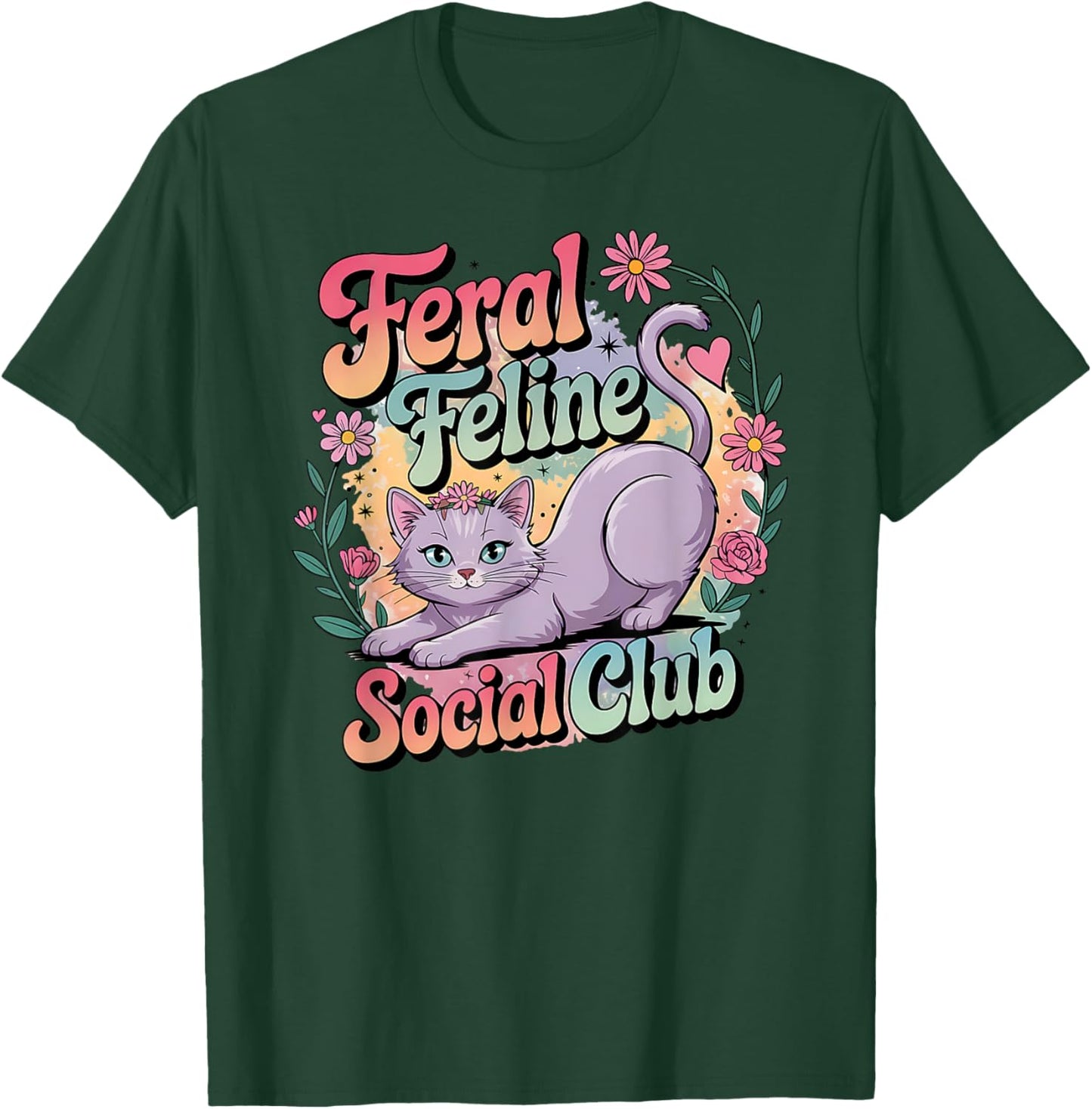 Feral Feline Social Club Pastel Cat & Girls T-Shirt - T-Shirt | Forest