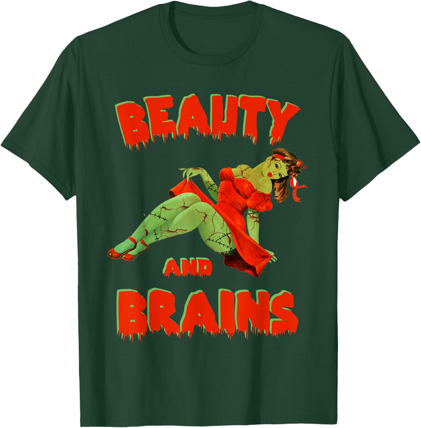 Zombie Pin Up Girl Halloween Beauty Brains Model Cute T-Shirt - T-Shirt | Forest