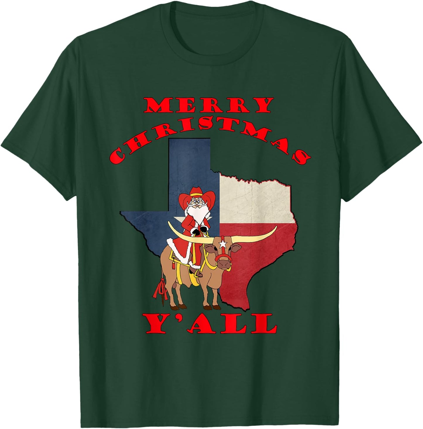 Texas Merry Christmas Y'all Santa On Bull Design T-Shirt - T-Shirt | Forest