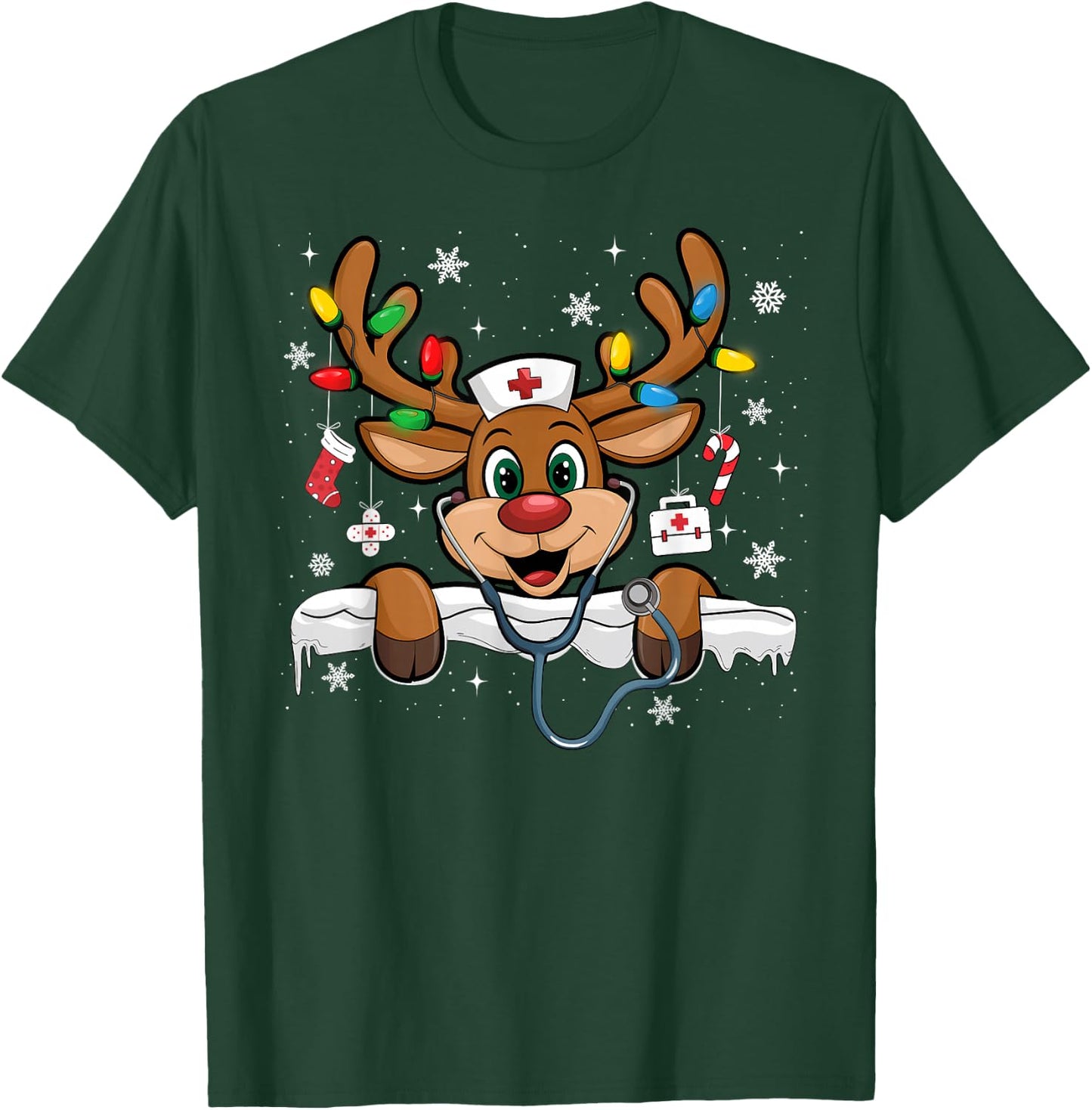 Nurse Christmas Reindeer Nursing NICU RN LPN Scrub T-Shirt - T-Shirt | Forest