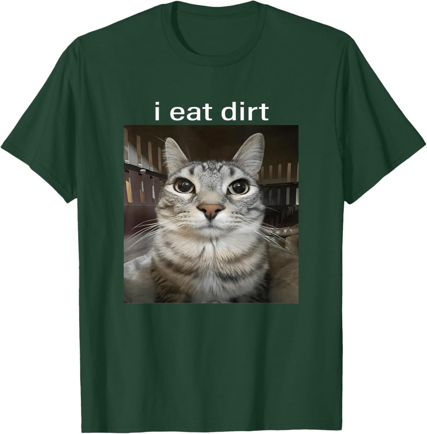 I Eat Dirt Staring Cat Funny Cursed Meme Brainrot Silly T-Shirt - T-Shirt | Forest