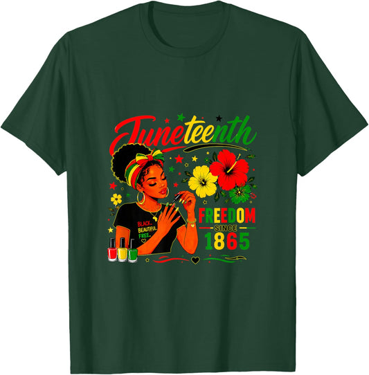Juneteenth Freedom Since 1865 Black Pride Messy bun Lady T-Shirt - T-Shirt | Forest