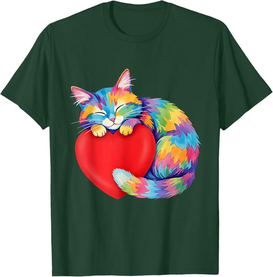 Color Rainbow Cute Cat Hug Valentine Heart Kitten Love T-Shirt - T-Shirt | Forest
