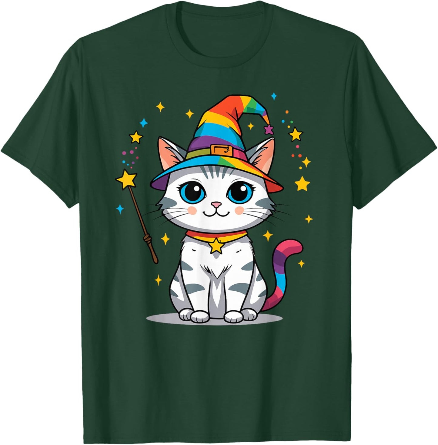 Cute Kawaii Wizard Cat Rainbow Witch Magic T-Shirt - T-Shirt | Forest