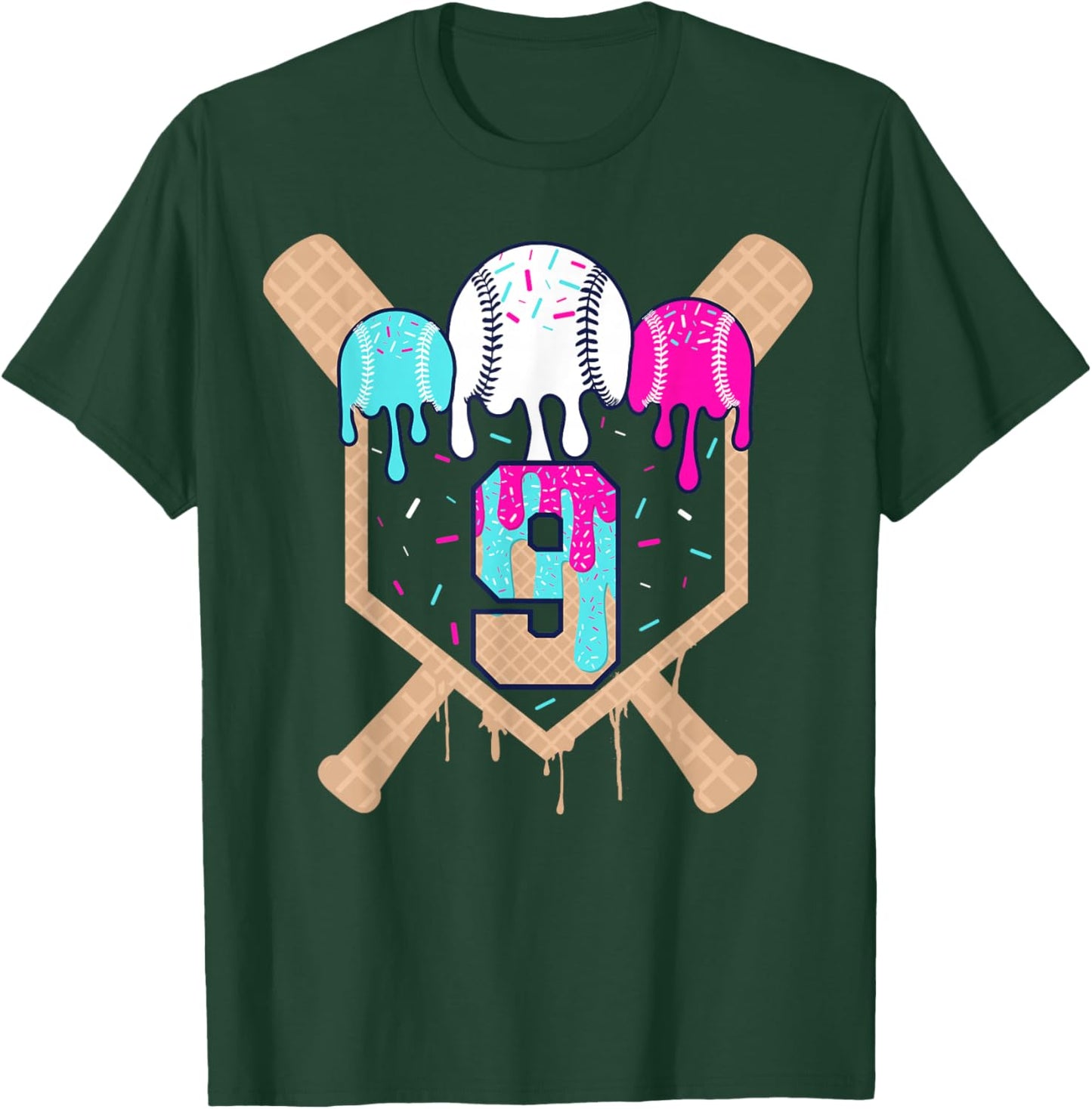 Baseball 9 Year Old Ice Cream Drip 9th Birthday Boy Number 9 T-Shirt - T-Shirt | Forest