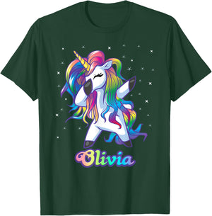 OLIVIA Name Personalized Custom Rainbow Unicorn Dabbing T-Shirt - T-Shirt | Forest
