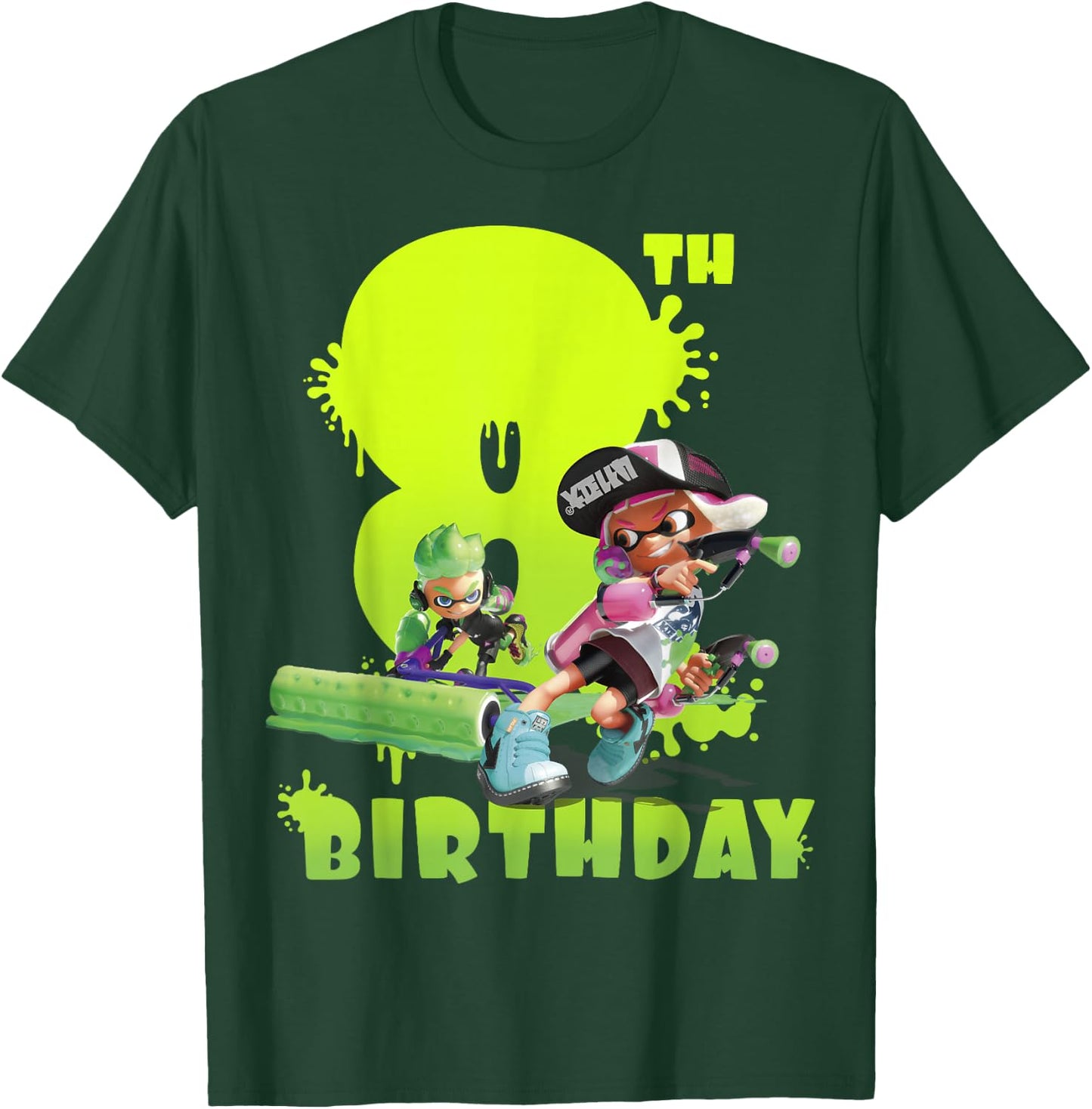 Splatoon Inkling 8th Birthday Green Splatter Portrait T-Shirt - T-Shirt | Forest