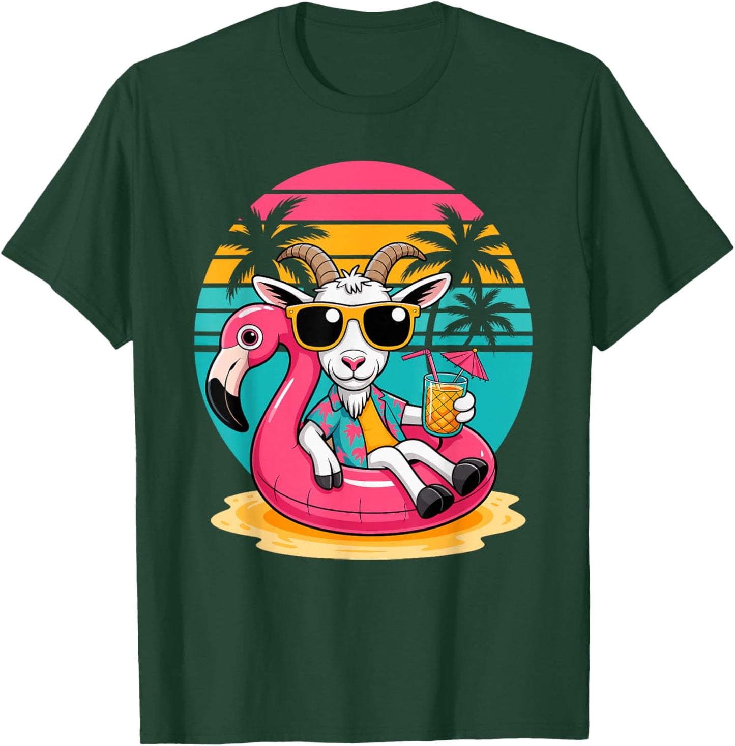 Goat Sunglasses Beach Summer Vacation Pool Float Flamingo T-Shirt - T-Shirt | Forest