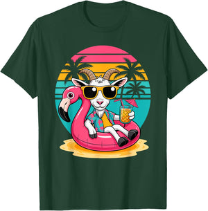 Goat Sunglasses Beach Summer Vacation Pool Float Flamingo T-Shirt - T-Shirt | Forest