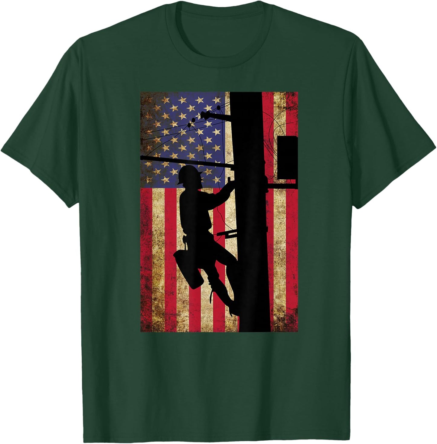 Lineman American Flag Shirt | Electric Cable Lineman Gift T-Shirt - T-Shirt | Forest