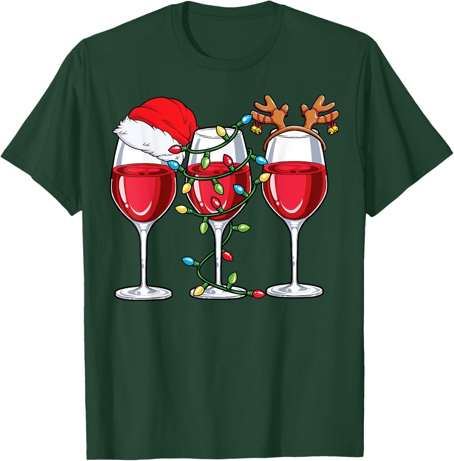 Wine Christmas Santa Hat Xmas Lights Reindeer Antlers Women T-Shirt - T-Shirt | Forest