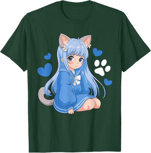 Magical and Funny Anime Girl Gifts -Kids Anime Cat Girl Black Small Classic Fit Short Sleeve Cotton Blend T-Shirt - T-Shirt | Forest