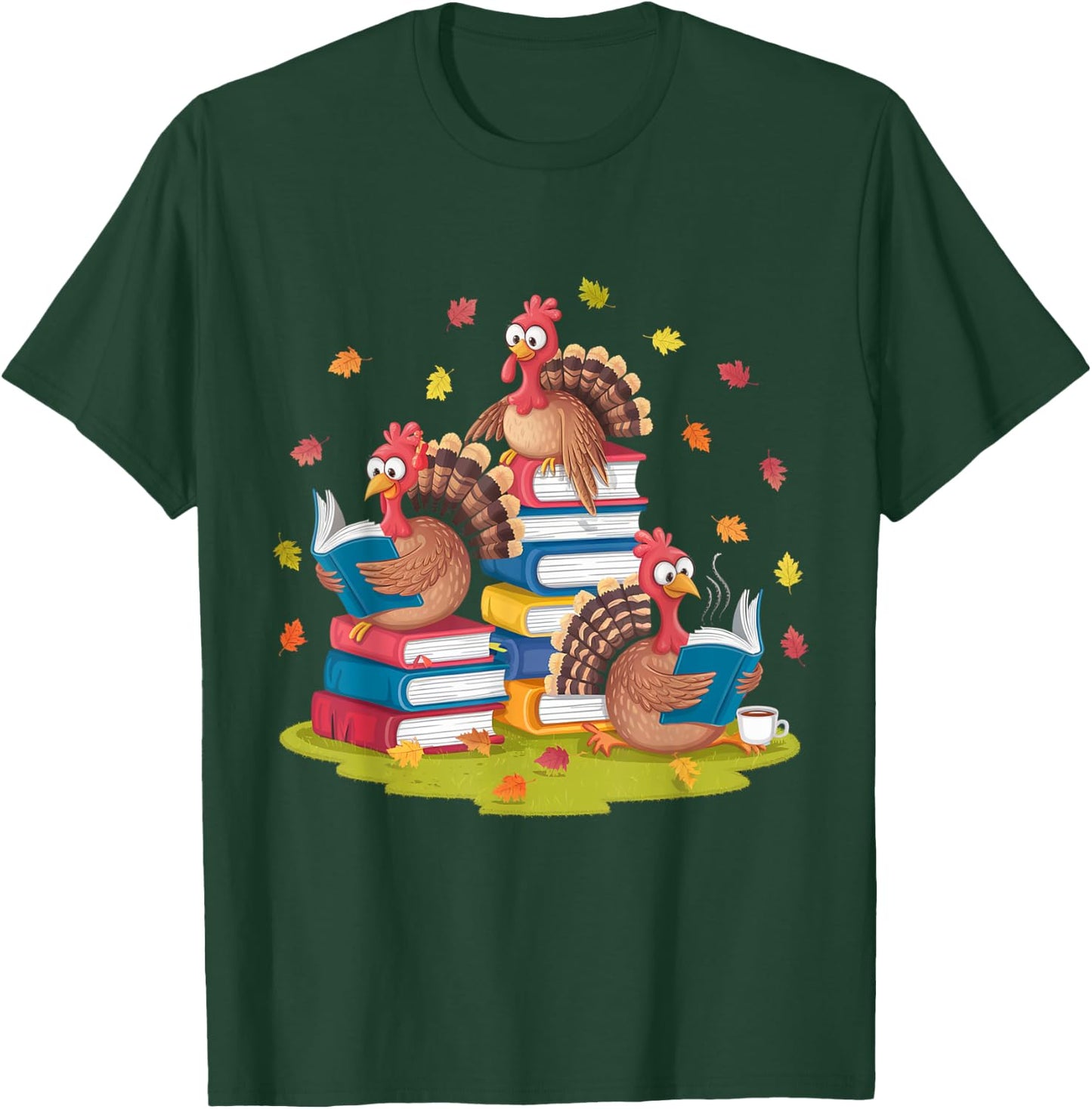 Turkey Reading Books Fall Season Thanksgiving Teacher Book T-Shirt - T-Shirt | Forest