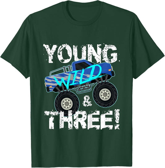 Kids Young Wild and Three! 3rd Birthday Monster Truck Shirt Boys T-Shirt - T-Shirt | Forest