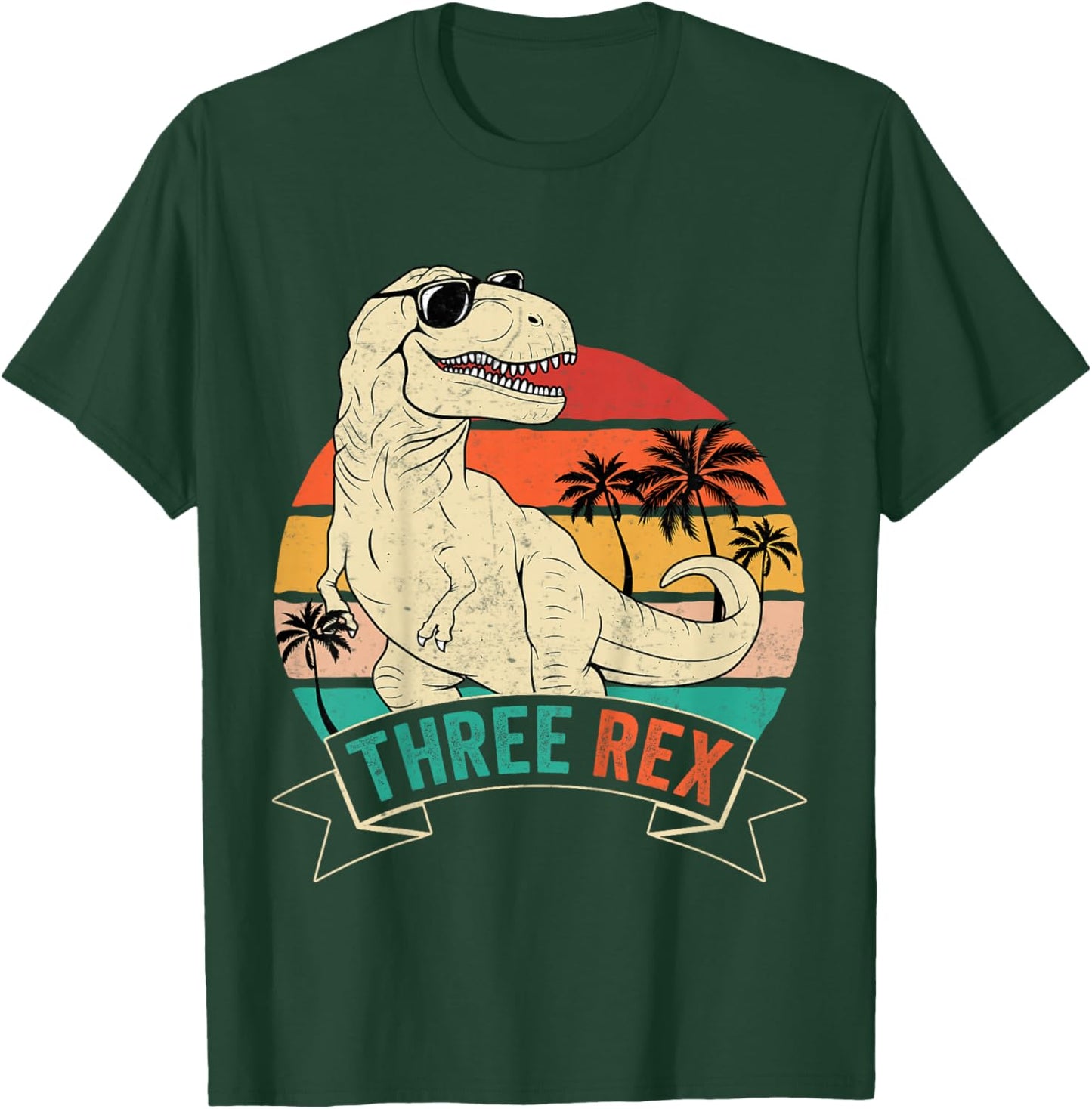 Kids Retro Three Rex Funny 3rd Birthday Dinosaur T-Shirt - T-Shirt | Forest
