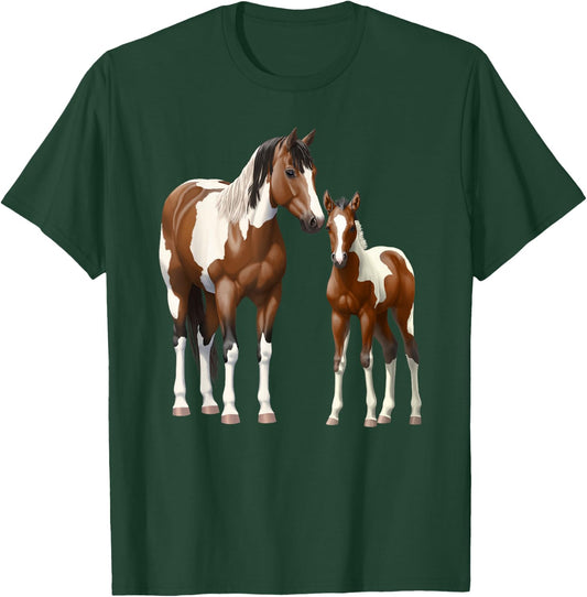 Beautiful Brown Pinto Bay Paint Horse Mare & Foal T-Shirt - T-Shirt | Forest