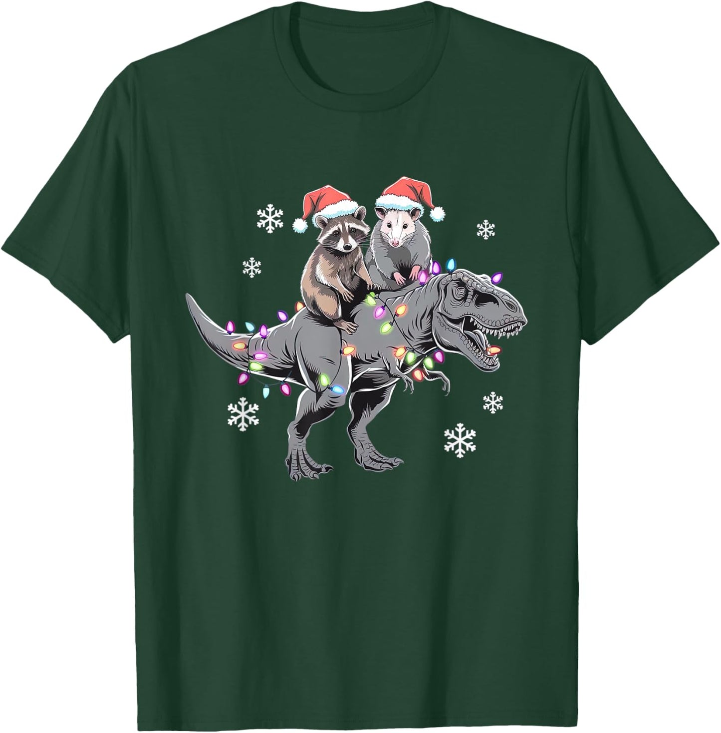 Funny Raccoon & Opossum Riding Dinosaur T-Rex Christmas T-Shirt - T-Shirt | Forest
