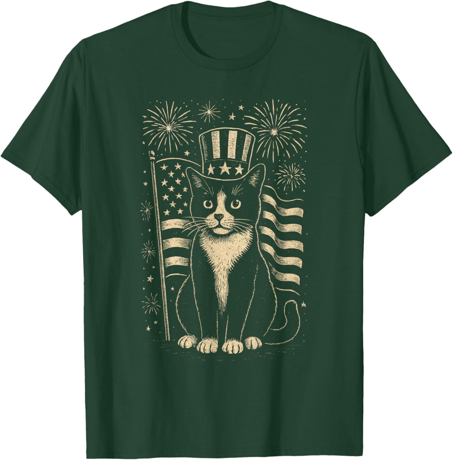 Vintage Tuxedo Cat 4th of July Patriotic Hat and Fireworks T-Shirt - T-Shirt | Forest