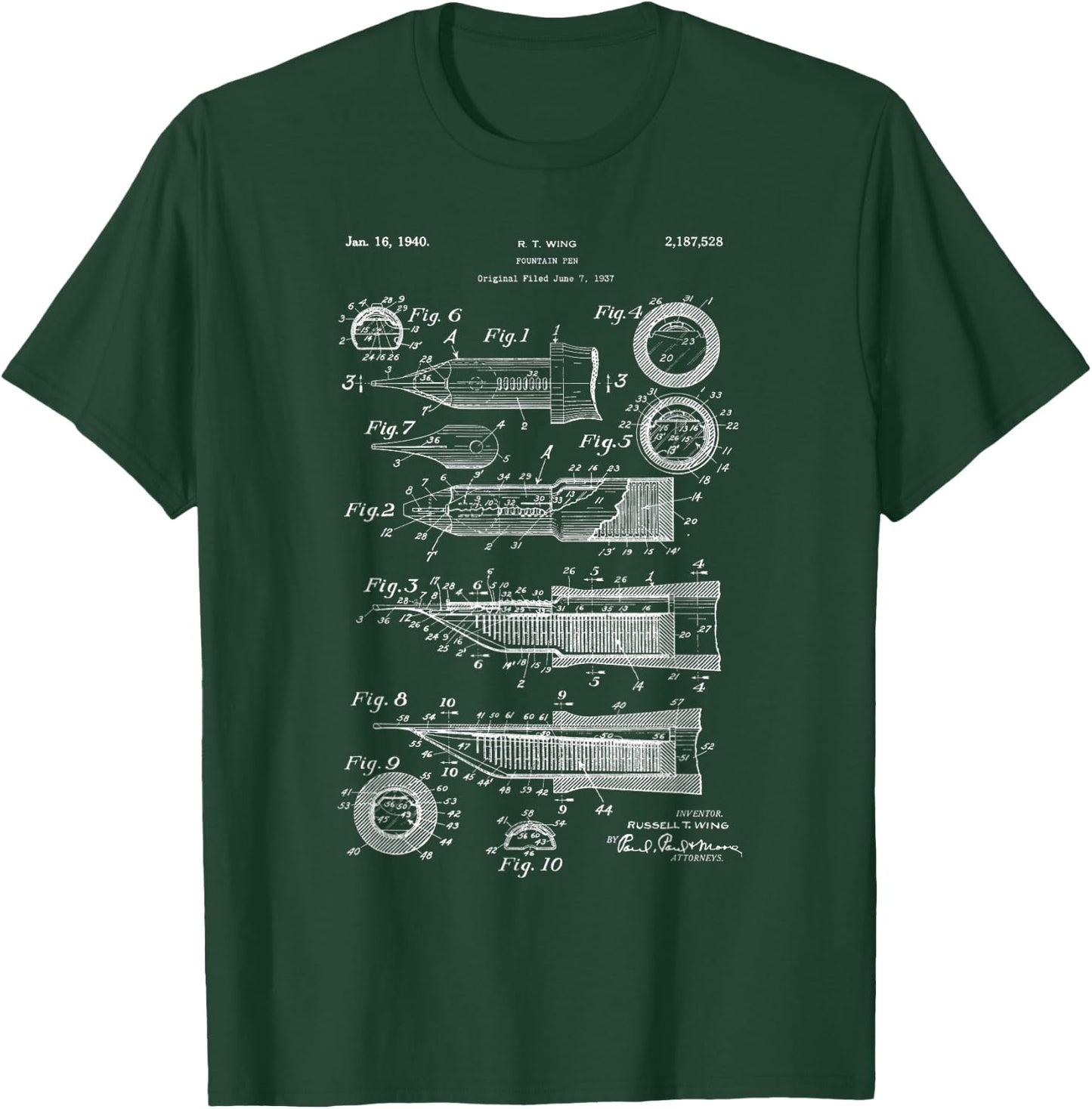 Vintage Patent Drawing Fountain Pen T-Shirt - T-Shirt | Forest