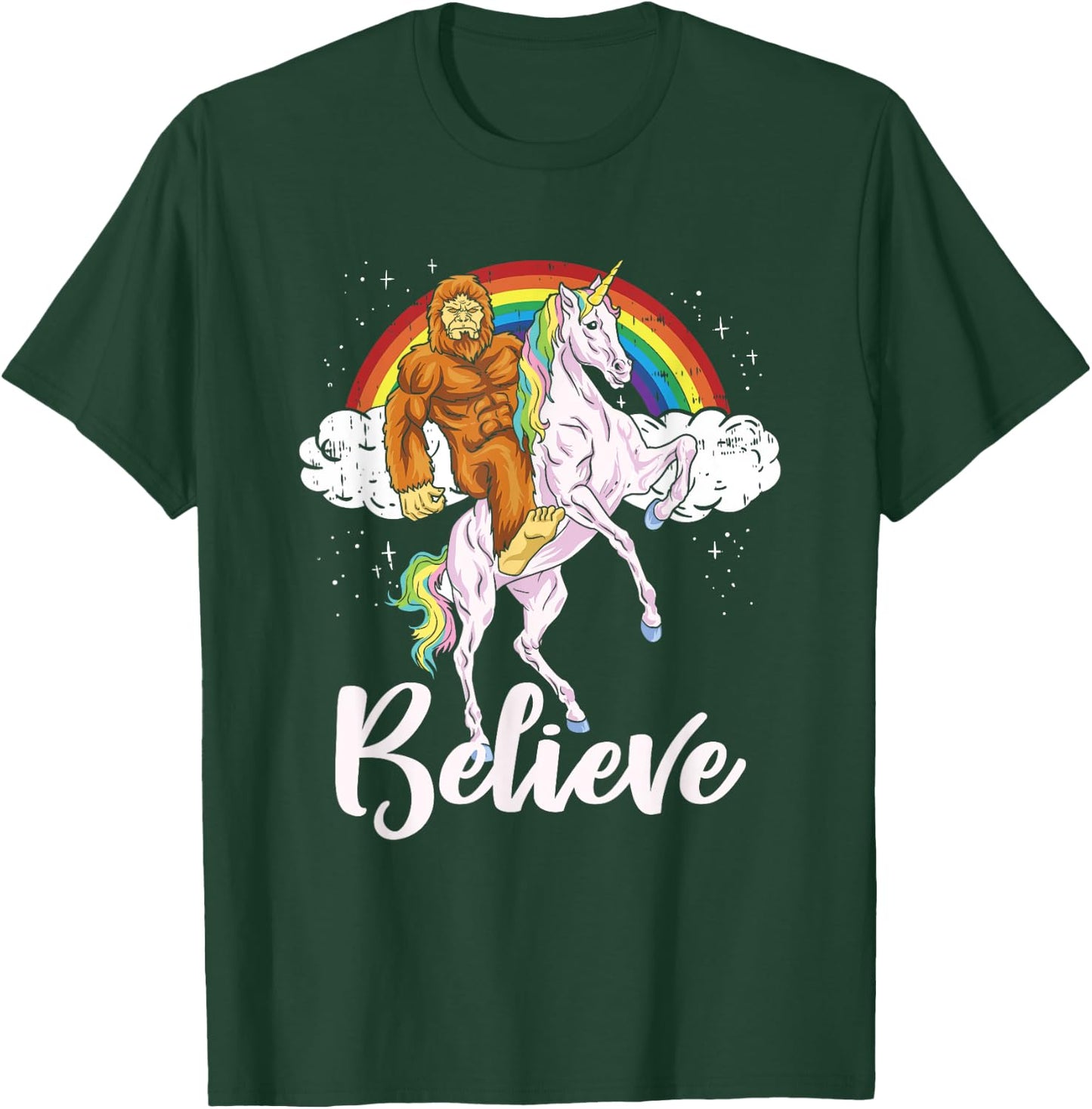 Bigfoot Riding Unicorn Believe Yeti Sasquatch Rainbow T-Shirt - T-Shirt | Forest