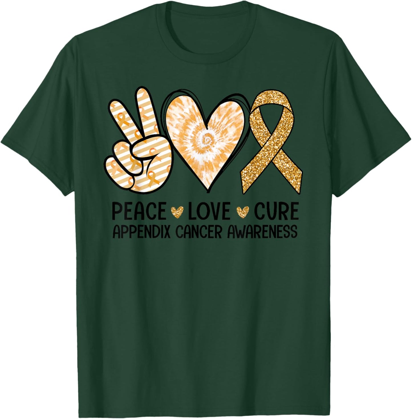 Retro Peace Love Cure Amber Ribbon Appendix Cancer Awareness T-Shirt - T-Shirt | Forest