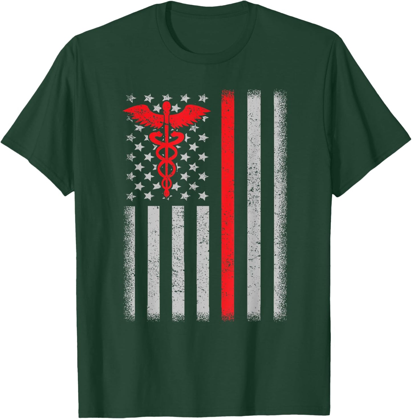 Nurse Thin Red Line Caduceus American Flag T-Shirt - T-Shirt | Forest