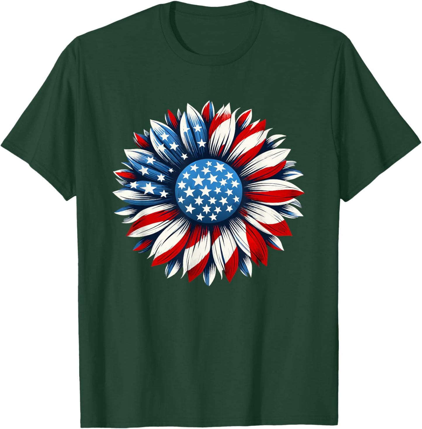 Sunflower American Flag 4th of July Men Women T-Shirt - T-Shirt | Forest