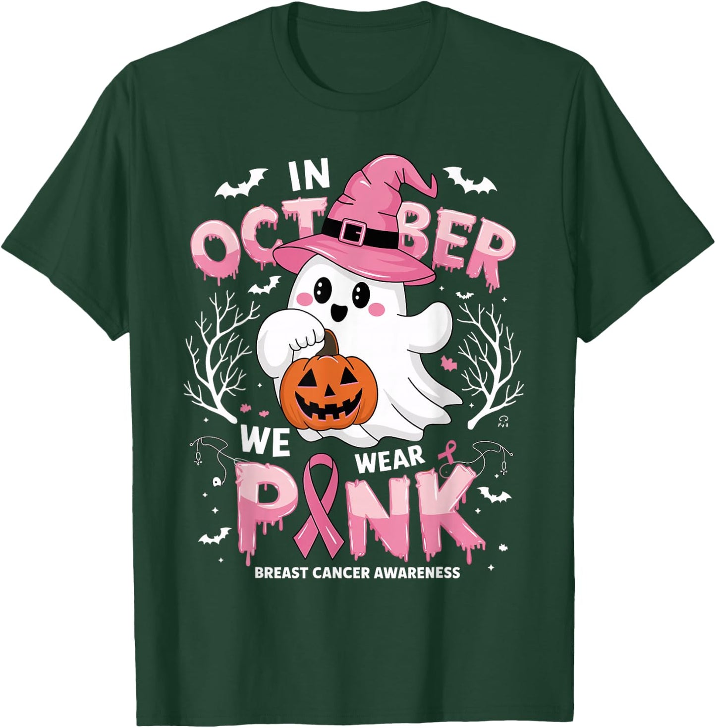 In October We Wear Pink shirt Ghost Breast Cancer Awareness T-Shirt - T-Shirt | Forest
