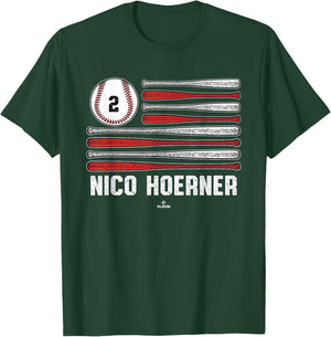 Baseball American Flag Nico Hoerner Chicago Baseball MLBPA T-Shirt - T-Shirt | Forest