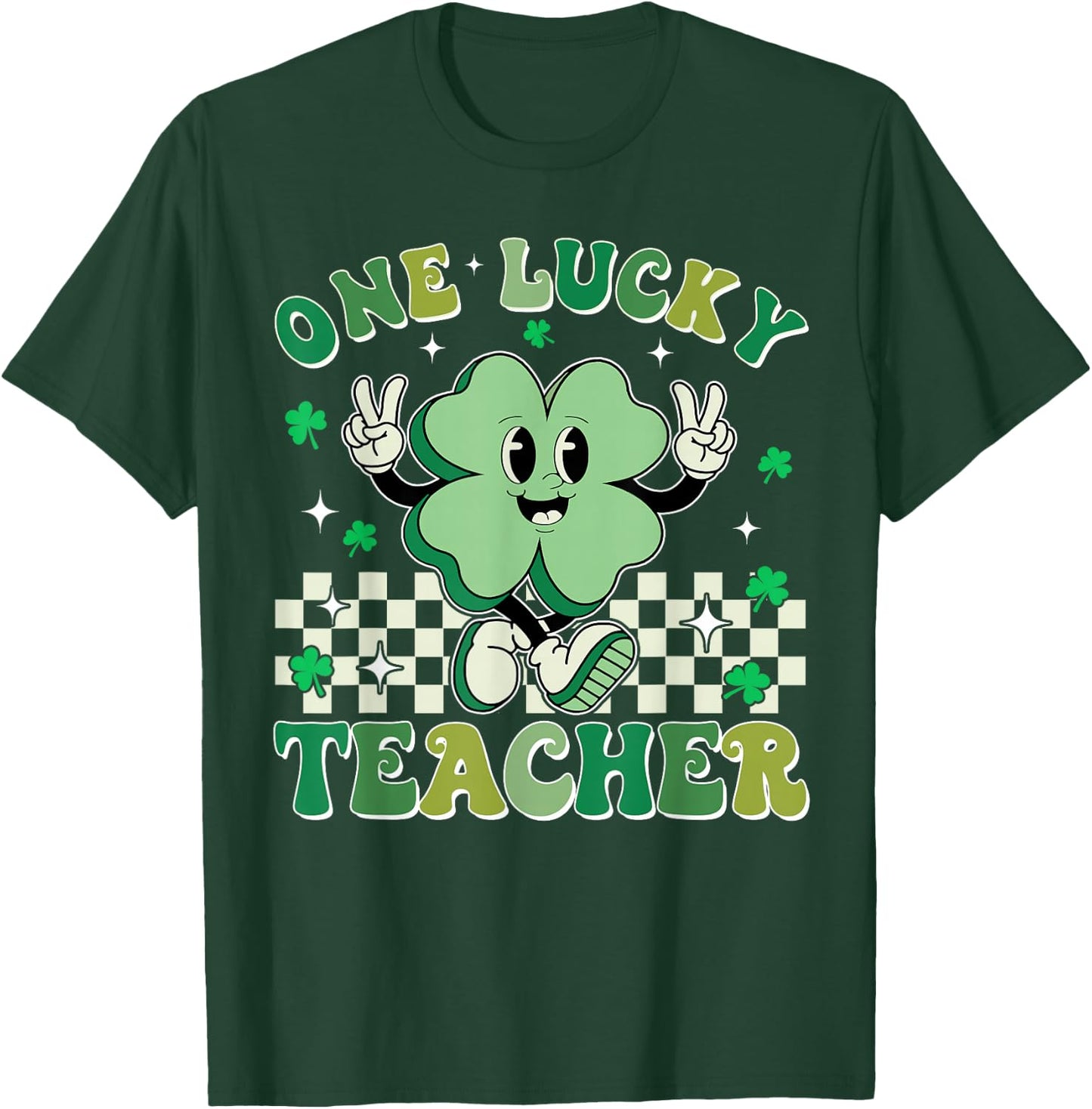 Retro Groovy One Lucky Teacher Shamrock Face St Patrick Day T-Shirt - T-Shirt | Forest