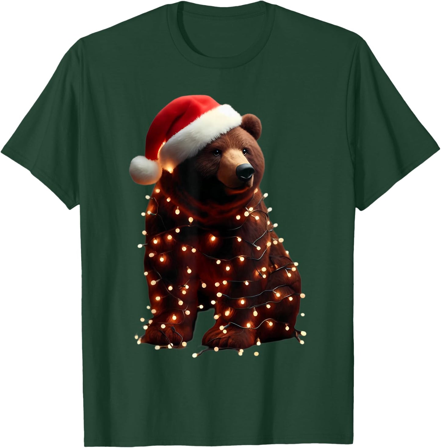 Bear With Santa Hat And Christmas Lights Xmas Brown Bears T-Shirt - T-Shirt | Forest
