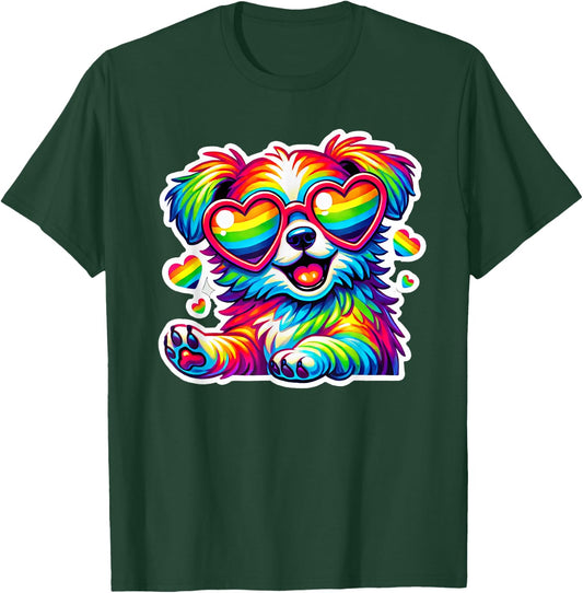 Rainbow Dog with Glasses Heart Cute Puppy Dog Colorful Lover Women Kids T-Shirt - T-Shirt | Forest