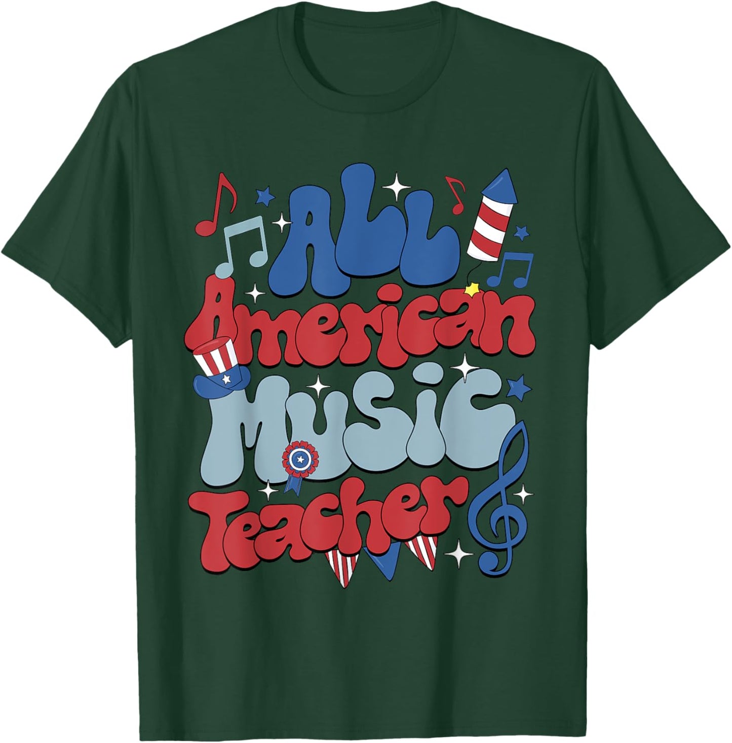 Retro All American Music Teacher Independence Day T-Shirt - T-Shirt | Forest
