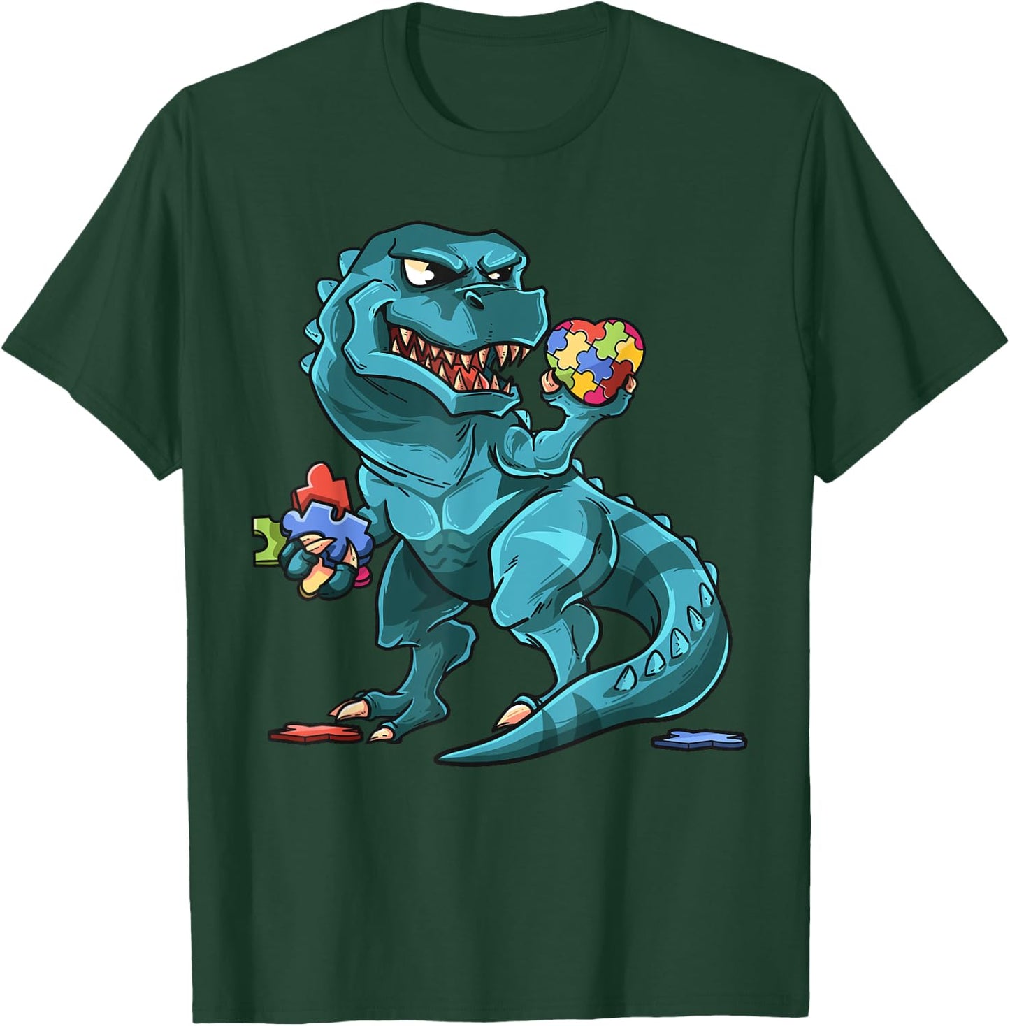Autism Awareness Dinosaur Shirt | T-Rex Heart Puzzle Pieces T-Shirt - T-Shirt | Forest
