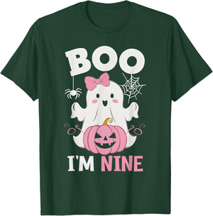 Ghost Boo I'm Nine Year 9th Birthday Girls Halloween Groovy T-Shirt - T-Shirt | Forest