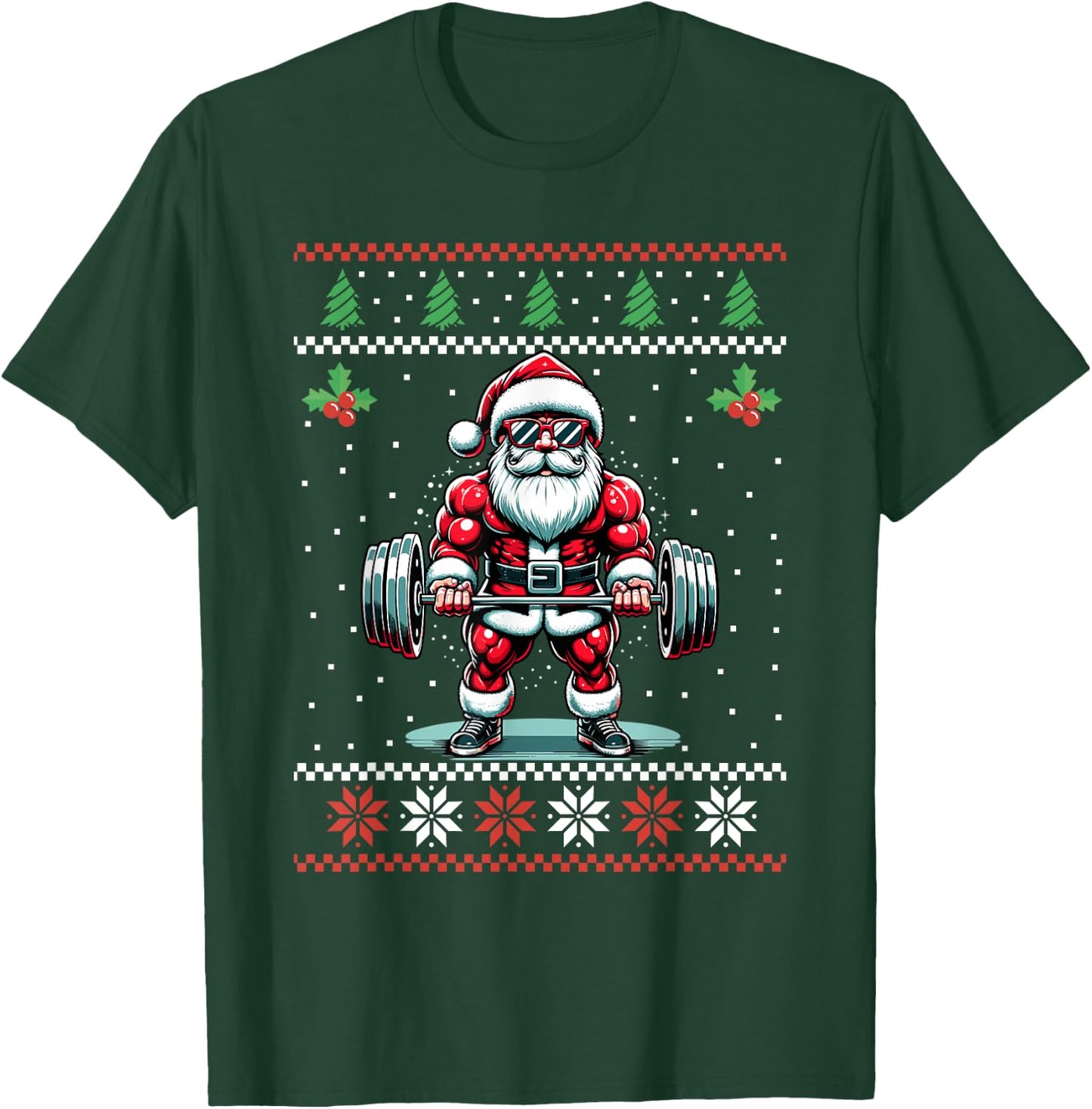 Santa Weightlifting Fitness Gym Ugly Christmas Sweater Xmas T-Shirt - T-Shirt | Forest