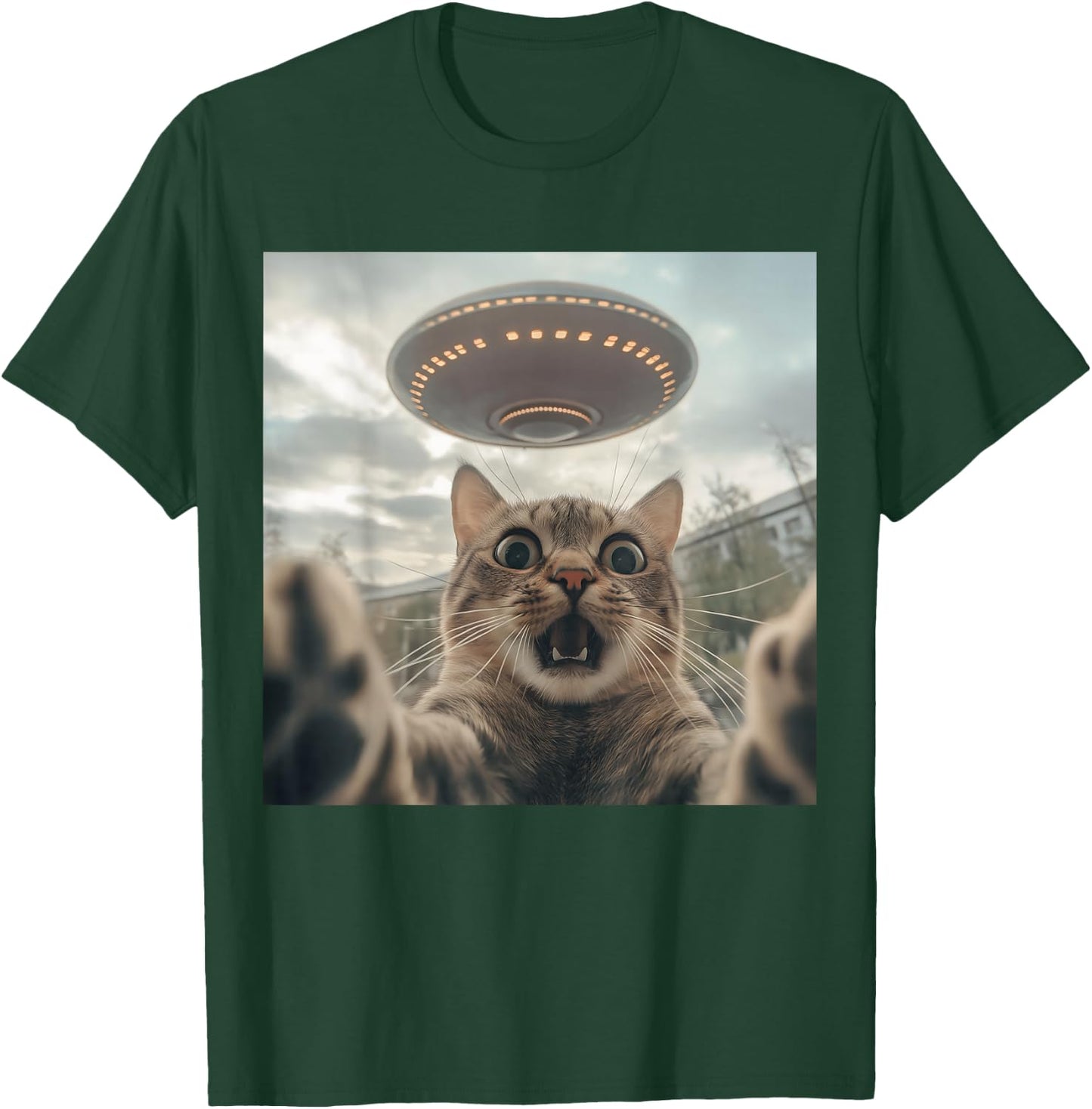 Cat Selfie With Alien UFO Funny Cat T-Shirt - T-Shirt | Forest