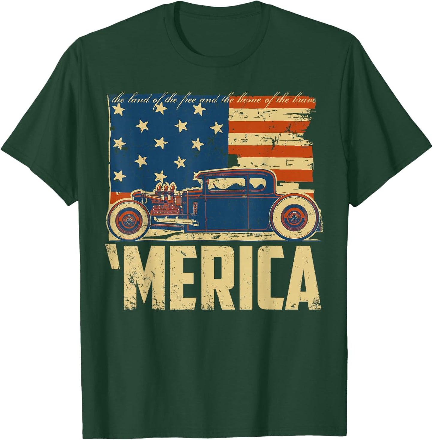 American Flag Hot Rod Custom Car Merica 4th of July T-Shirt - T-Shirt | Forest