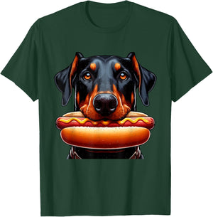 Doberman Eating Hotdog Dog Lover Wiener Sausage Food Lover T-Shirt - T-Shirt | Forest